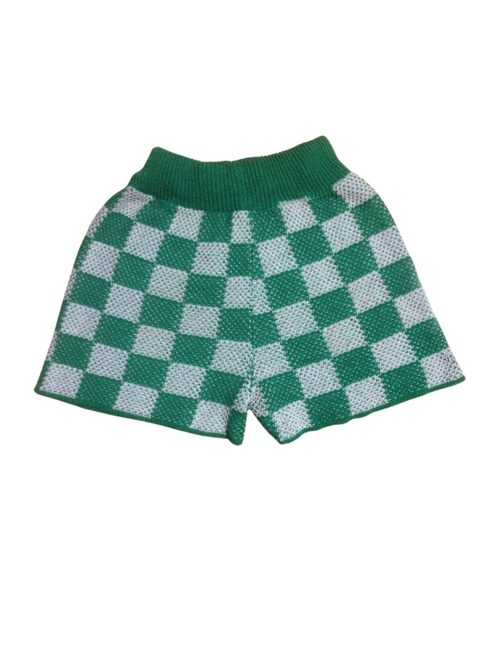 High Waist Green & White Checker Knit Shorts